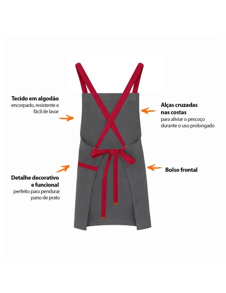 Avental Cinza Alça Cruzada Vermelha Restaurante Bar Artesanato