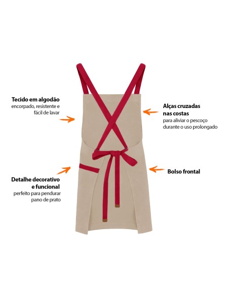 Avental Bege Alça Cruzada Vermelho Restaurante Cafeteria Bar