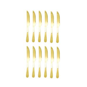 Jogo Faca de Mesa Dourado para Carne Churrasco Inox 12 un